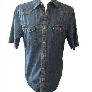 Mossimo S Blue Farmhouse Western Denim Short Sleeve Collar Button Frayed Shirt